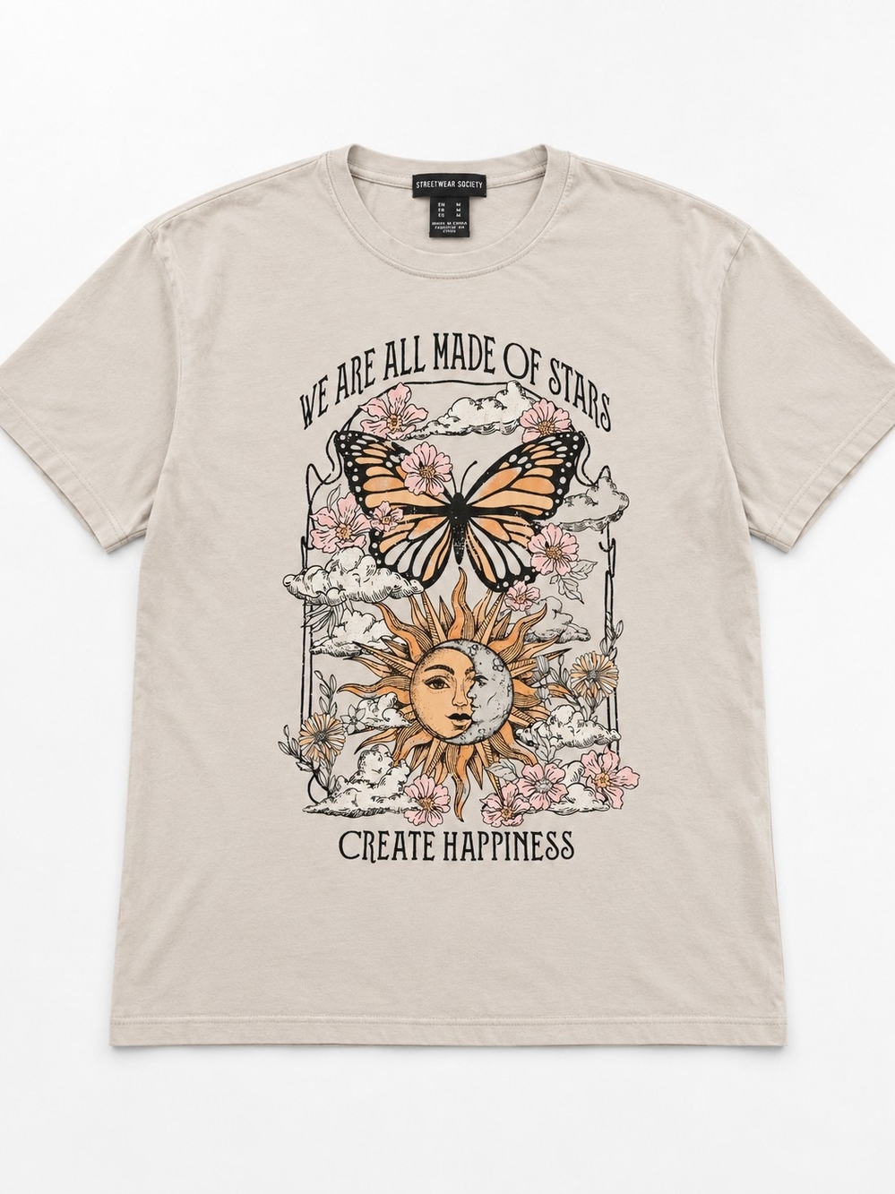 Streetwear Society Beige Tee with Butterfly & Sun Graphic
